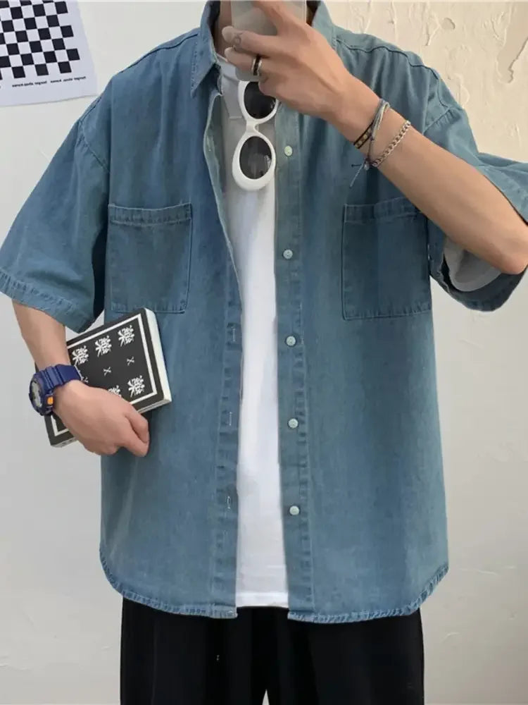 Men's Button Up Short Sleeve Denim Shirt