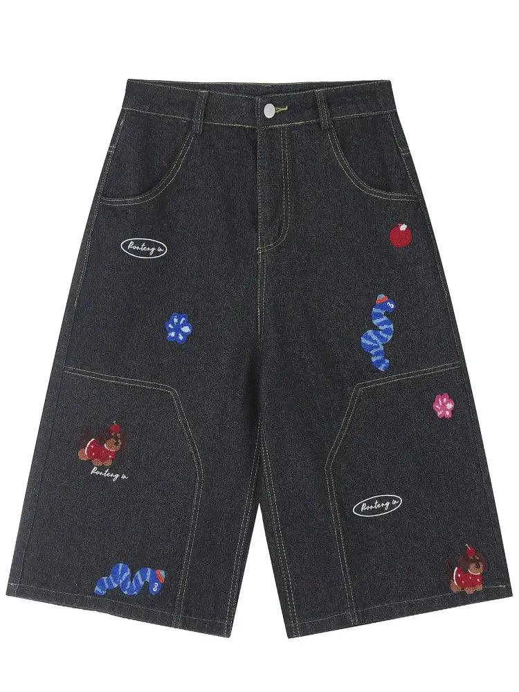 Men's Cartoon Embroidered Detail Wide Leg Denim Shorts - Update AvenueTrendsi100400281893283100400281893283Men's Cartoon Embroidered Detail Wide Leg Denim ShortsBlack