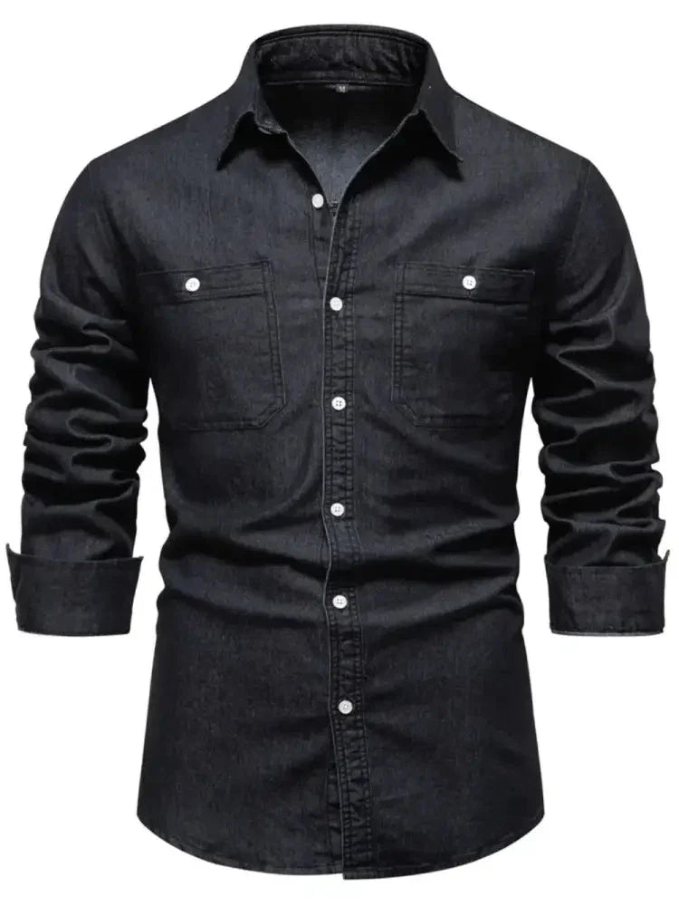 Men's Collared Neck Long Sleeve Denim Shirt - Update AvenueTrendsi100400803711566100400803711566Men's Collared Neck Long Sleeve Denim ShirtBlack