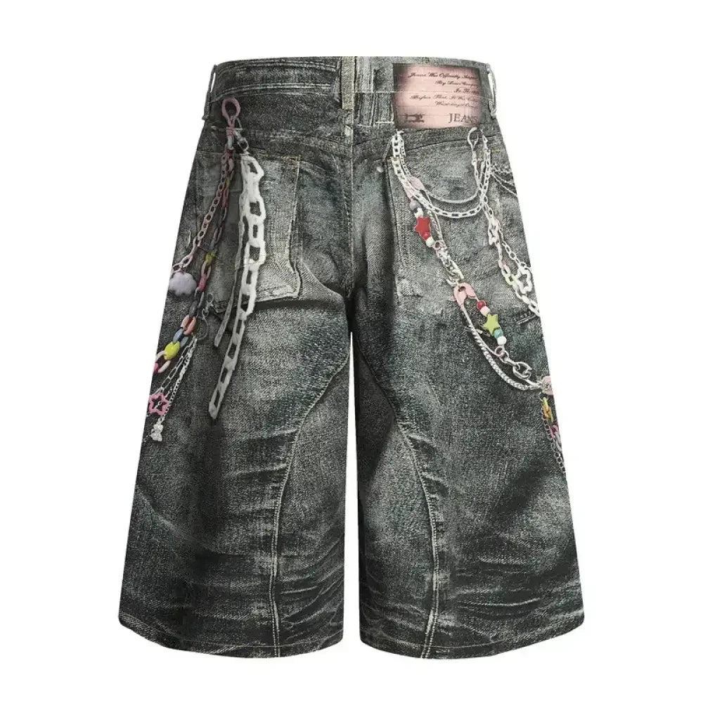 Men's Colorful Beaded Chain Print Denim Shorts