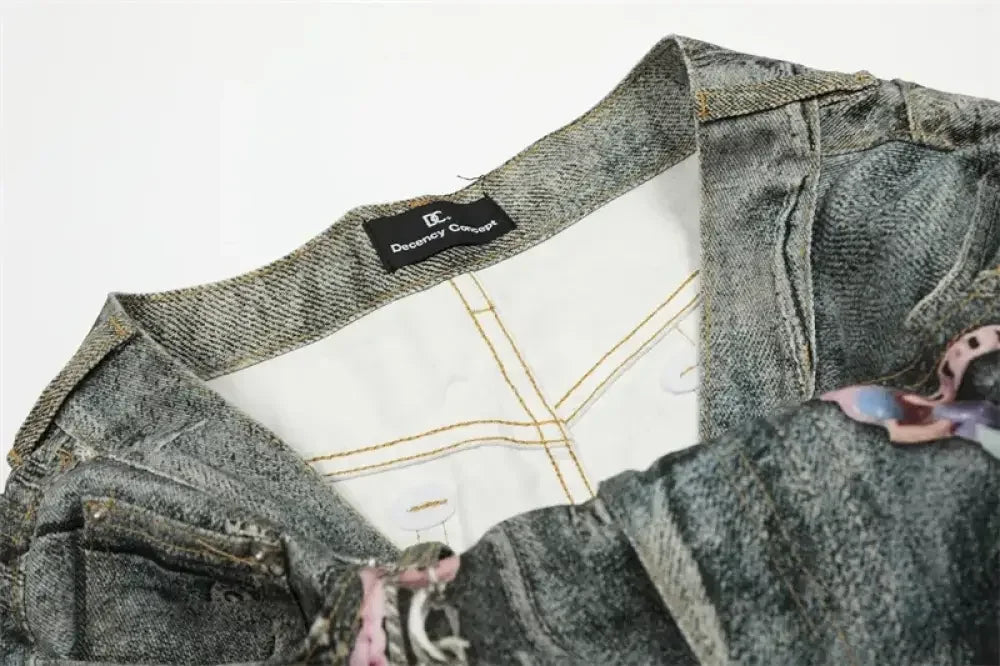 Men's Colorful Beaded Chain Print Denim Shorts