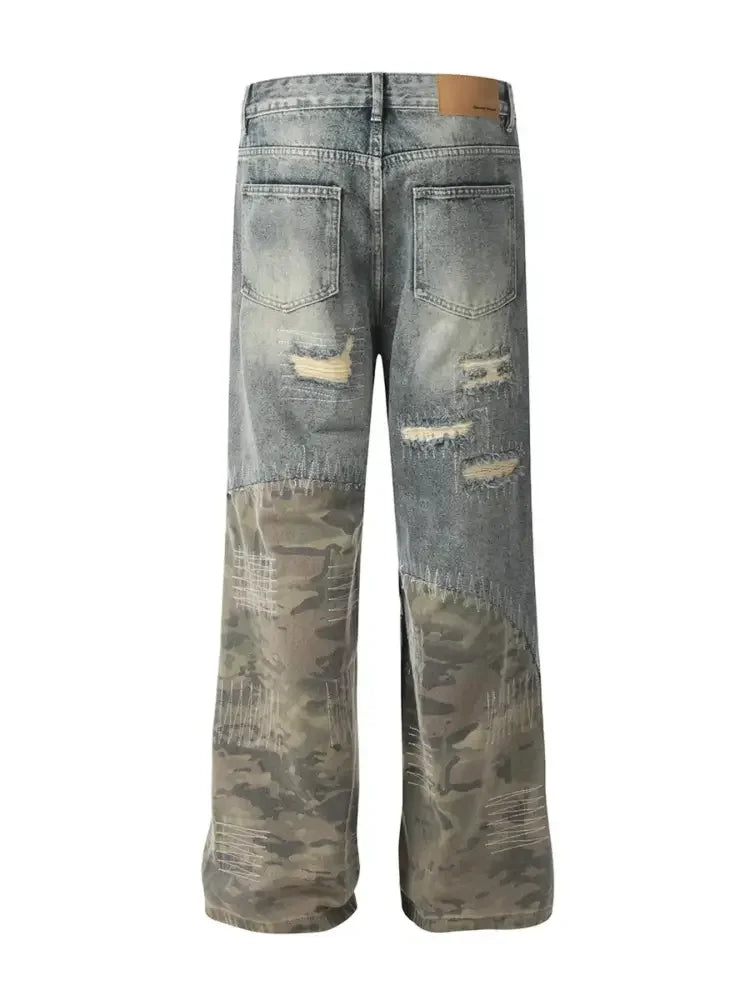 Men's Distressed Camo Patchwork Straight Jeans