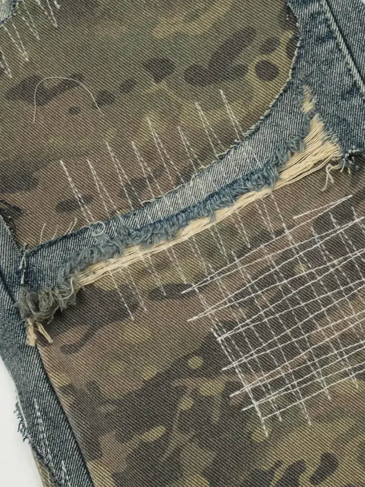 Men's Distressed Camo Patchwork Straight Jeans