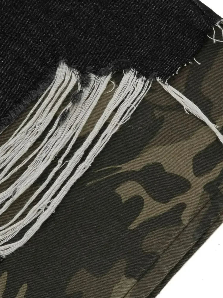 Men's Distressed Camo Trim Denim Bermuda Shorts