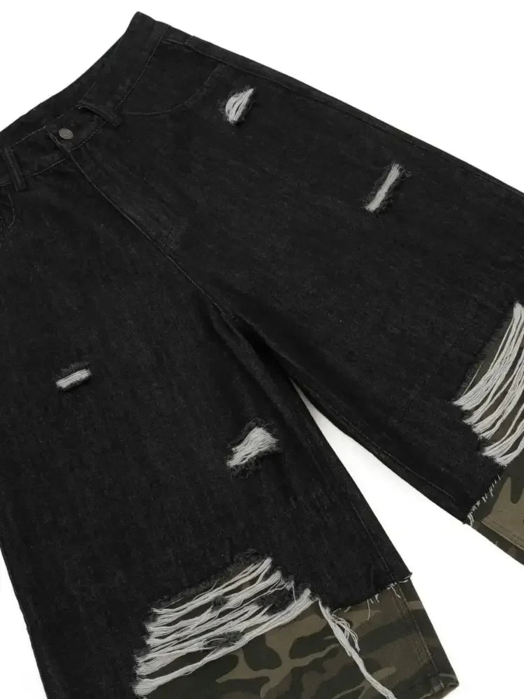 Men's Distressed Camo Trim Denim Bermuda Shorts