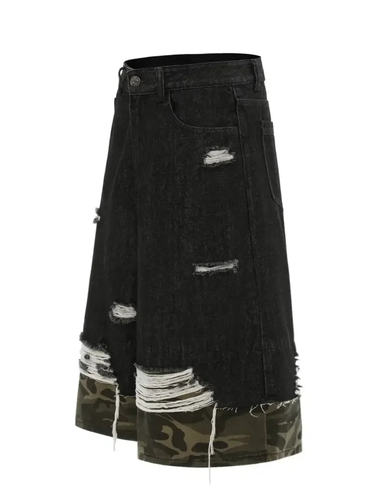 Men's Distressed Camo Trim Denim Bermuda Shorts