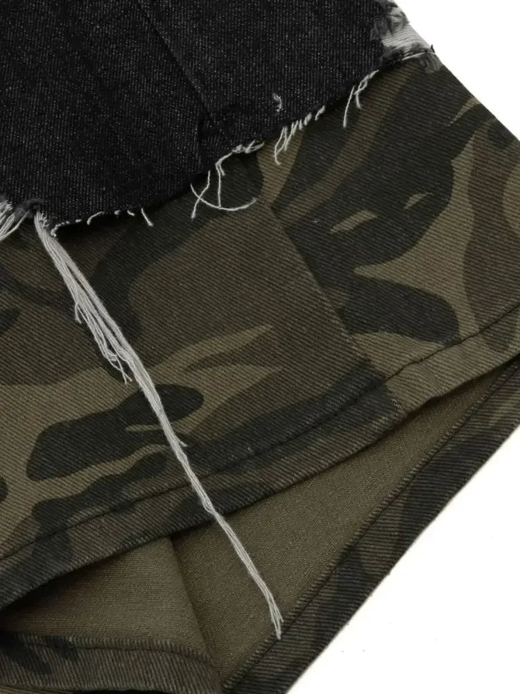 Men's Distressed Camo Trim Denim Bermuda Shorts