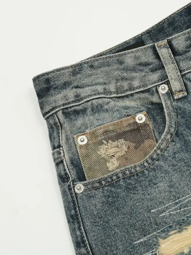 Men's Distressed Camouflage Patchwork Jeans