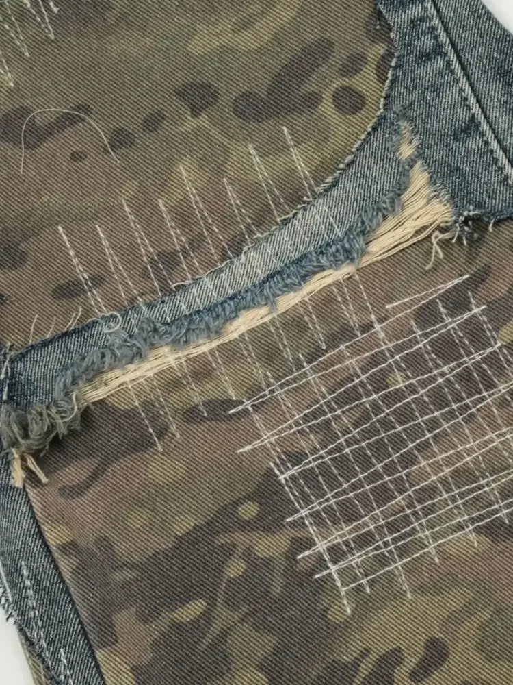 Men's Distressed Camouflage Patchwork Jeans