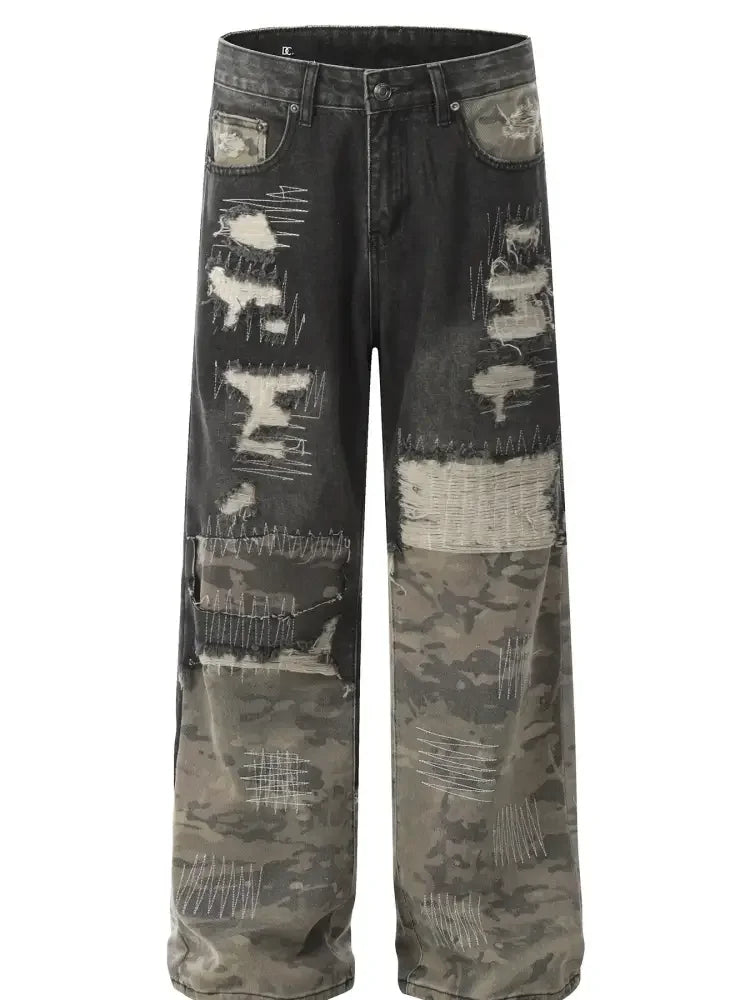 Men's Distressed Camouflage Patchwork Jeans