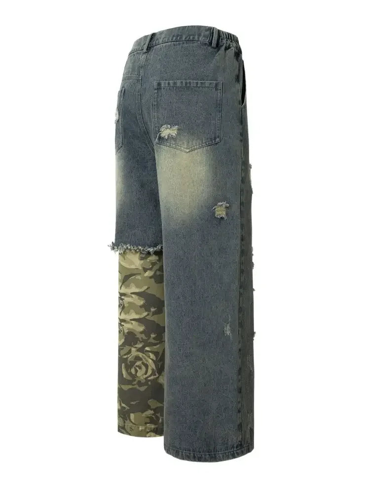 Men's Distressed Camouflage Patchwork Wide Leg Jeans