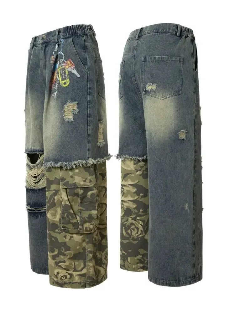 Men's Distressed Camouflage Patchwork Wide Leg Jeans