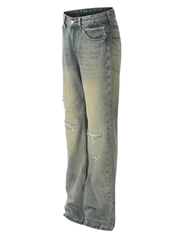 Men’s distressed straight leg jeans with loose fit and faded yellow wash