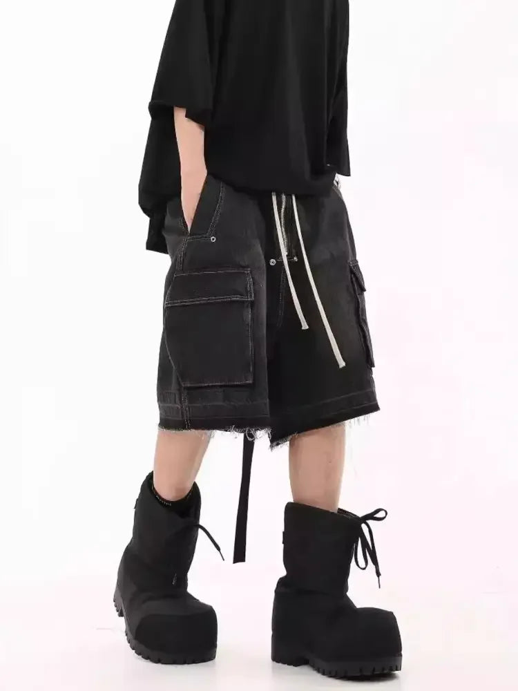 Men's Drawstring Cargo Denim Shorts with Zipper Detail