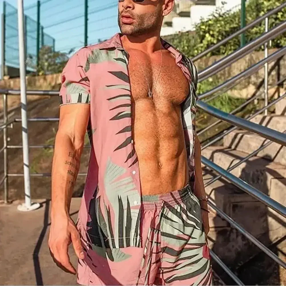 Men's Full Size Button Up Shirt and Shorts Set Plus Size