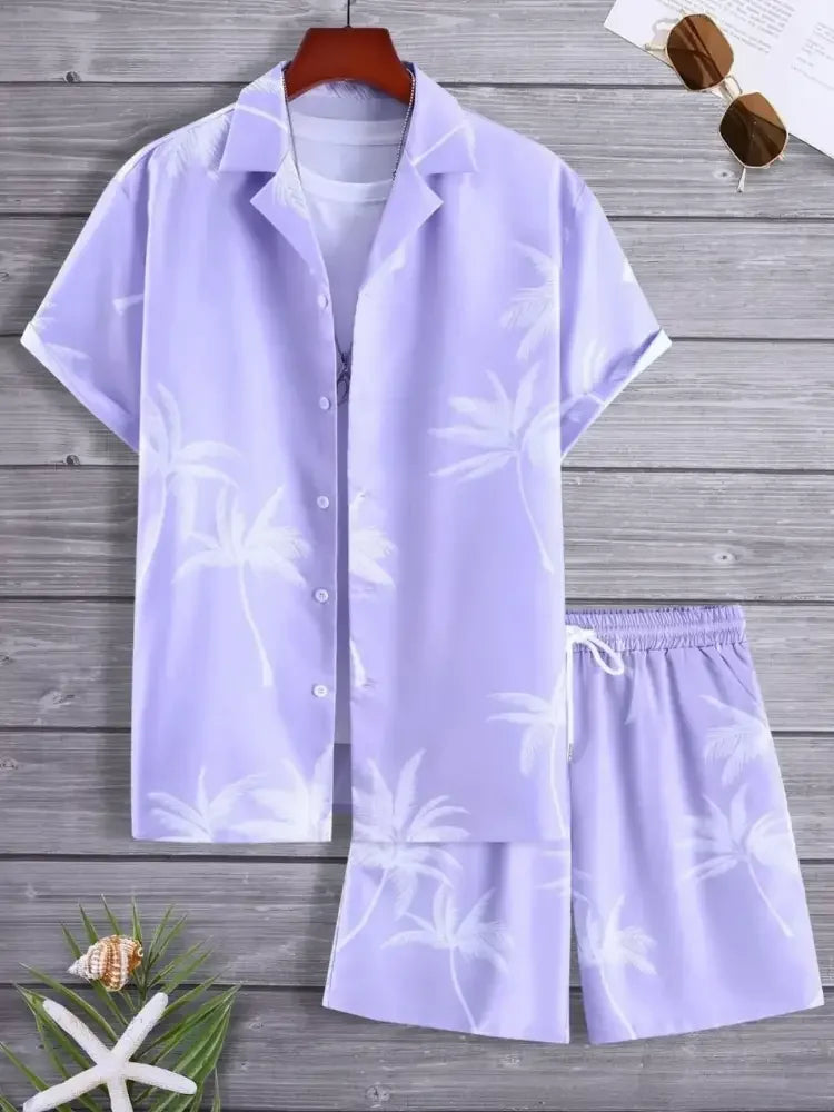 Men's Full Size Palm Print Button Up Shirt and Shorts Set Plus Size