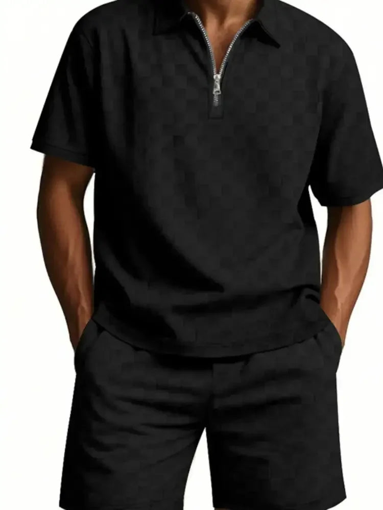 Men's Full Size Quarter Zip Short Sleeve Top and Shorts Set Plus Size