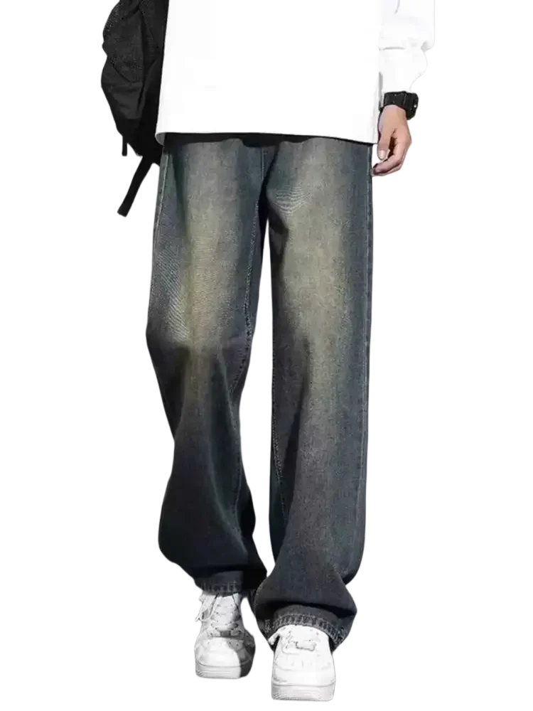 Dark wash distressed baggy denim jeans with elastic cuffs, size wide leg for men