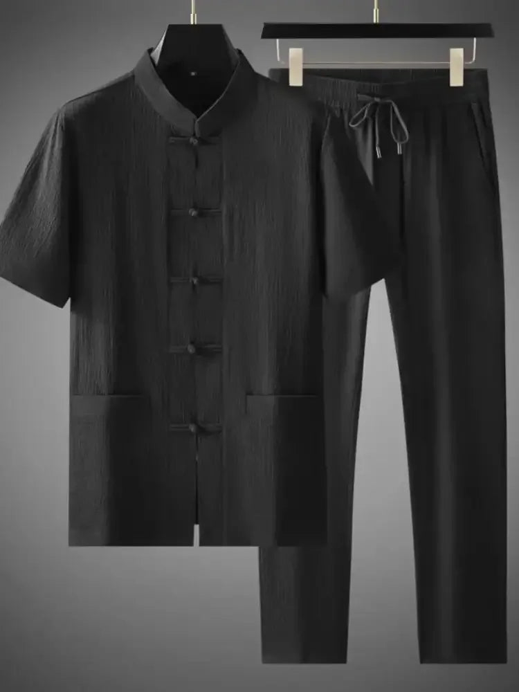 Men's Plus Size Button Up Short Sleeve Top and Pants Set