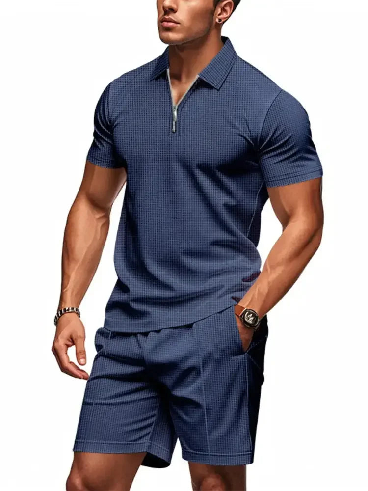 Men's Plus Size Quarter Zip Short Sleeve Top and Shorts Set