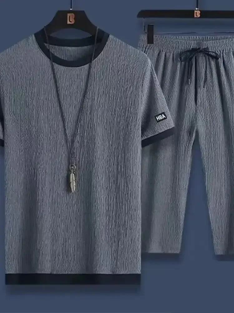 Men's Plus Size Round Neck Short Sleeve Top and Shorts Set