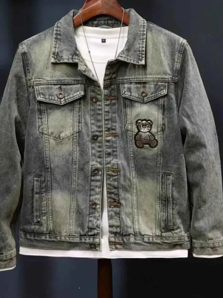 Men's Plus Size Washed Denim Jacket with Embroidered Patch