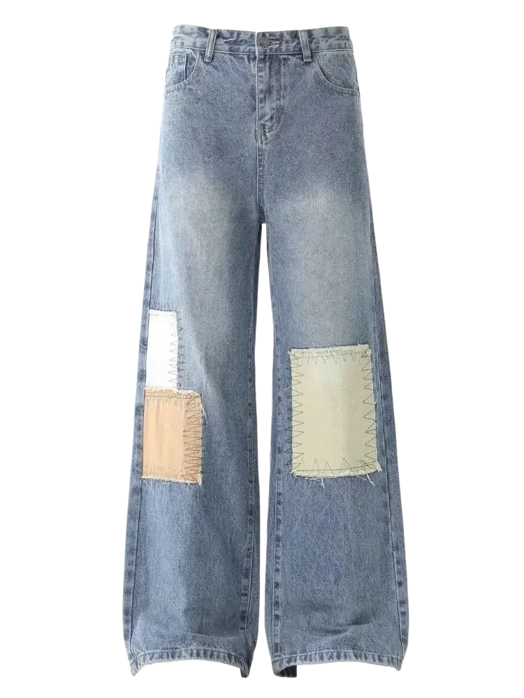 Light blue vintage patchwork wide leg jeans with contrasting fabric patches for men