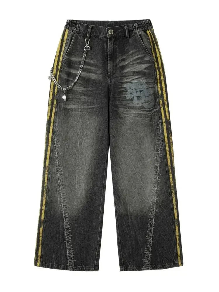 Men's Vintage Washed Wide Leg Jeans with Chain Detail - Update AvenueTrendsi100400573763134100400573763134Men's Vintage Washed Wide Leg Jeans with Chain DetailLava Black