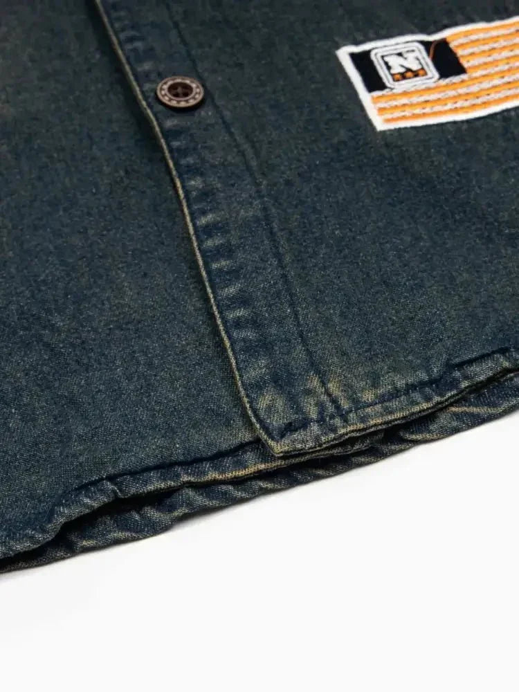 Men's Washed Baseball Collar Denim Shirt with Embroidered Detail - Update AvenueTrendsi100400601643671100400601643671Men's Washed Baseball Collar Denim Shirt with Embroidered DetailDark