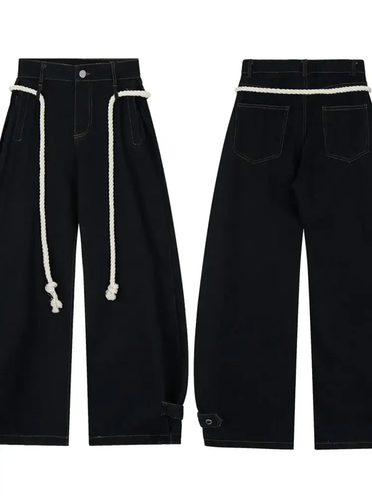 Men's Wide Leg Baggy Jeans with Rope Belt Details