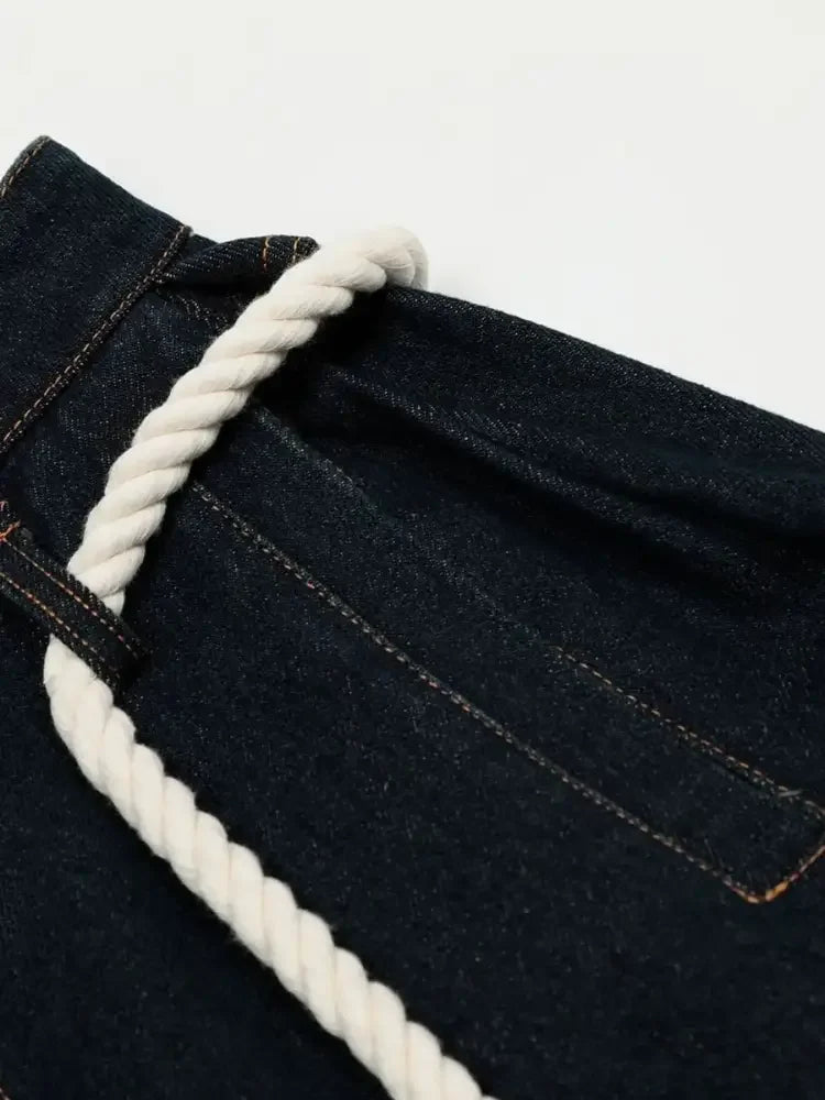 Men's Wide Leg Baggy Jeans with Rope Belt Details