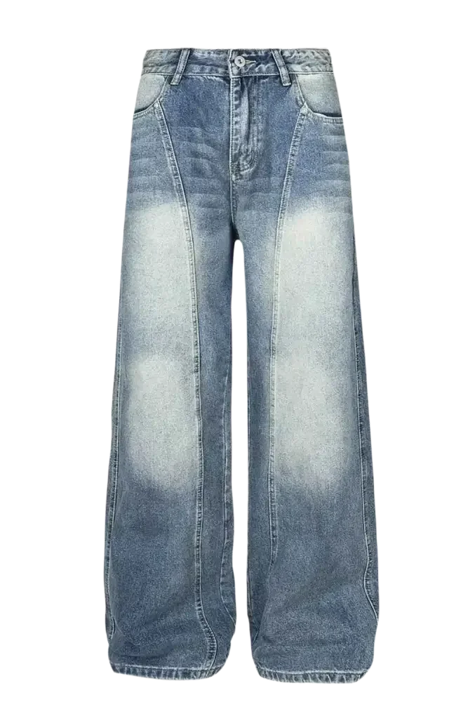 Blue denim wide leg jeans with faded panels and visible seams for Men’s wide leg jeans
