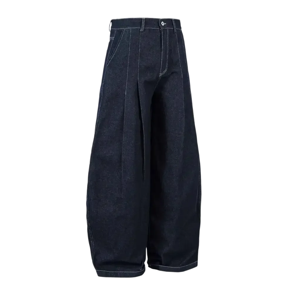 Dark blue wide leg jeans with white contrast stitching for men’s wide leg trousers