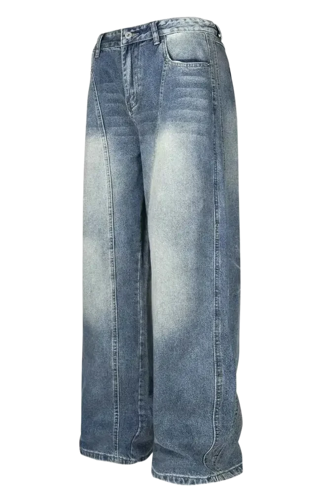 Blue high-waisted wide leg jeans with faded wash and visible seams for Men’s Wide Leg Jeans