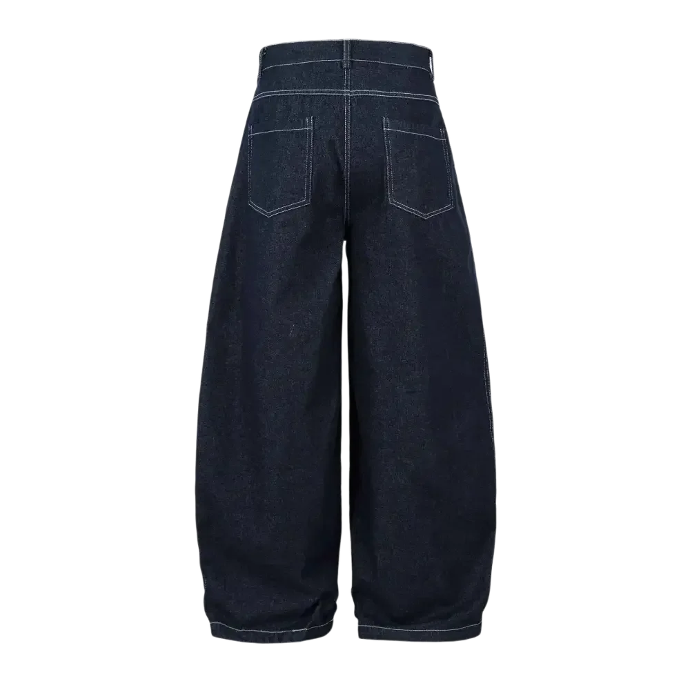 Dark blue wide leg jeans with white contrast stitching for men’s wide leg jeans collection