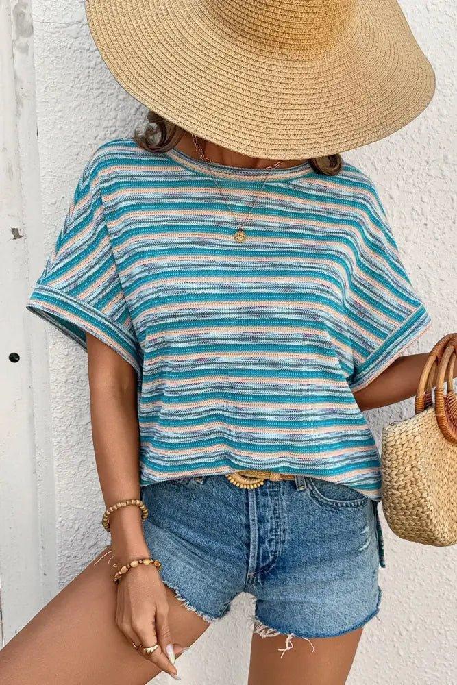 Multicolour Striped Wide Sleeve Loose T Shirt - Update AvenueT-ShirtsTrendsi1001005334832191001005334832192a07f2f3 - 8279 - 47db - 8993 - d0d3a27cf37c - Max - OriginTeal