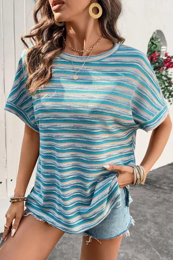 Multicolour Striped Wide Sleeve Loose T Shirt - Update AvenueT-ShirtsTrendsi100100533483219100100533483219463fc983 - f8e1 - 4492 - ace5 - 1d4418bbfa51 - Max - OriginTeal