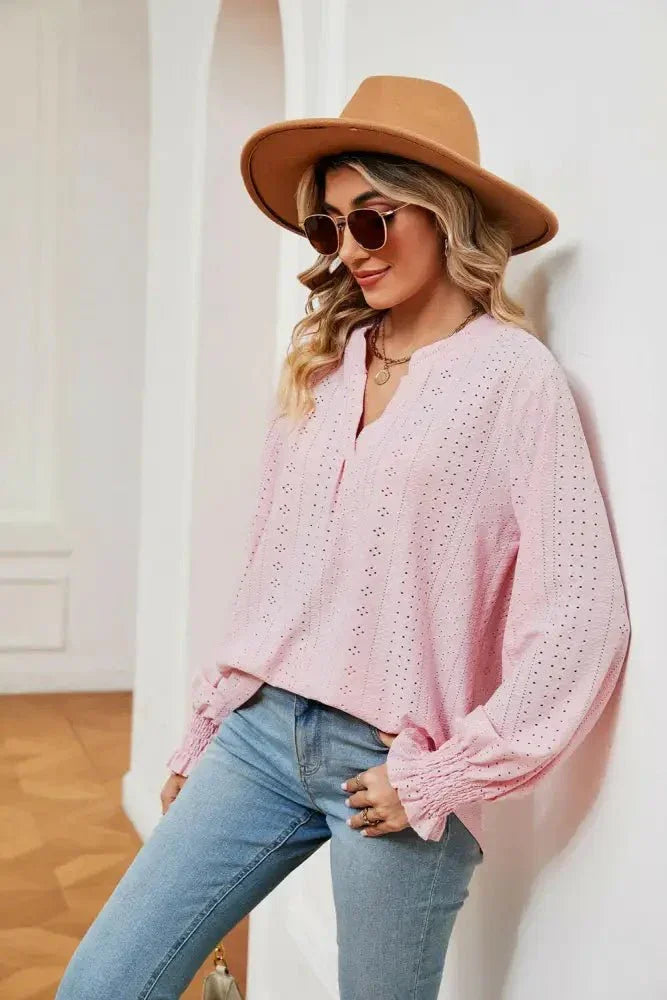 Notched Neck Flounce Sleeve Blouse - Update AvenueTrendsi100101207617849100101207617849014cb0786eed410cba4bd6dd5c1cc0c3 - MaxBlush Pink