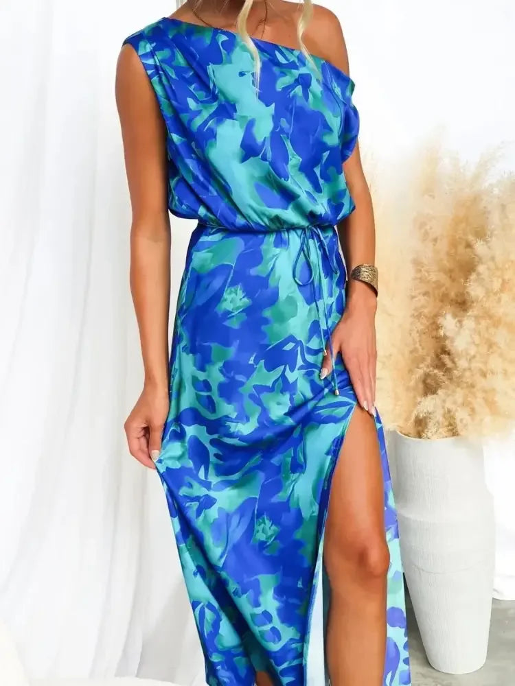 One Shoulder Printed Dress with Slit