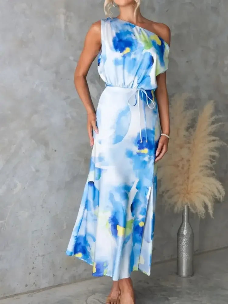 One Shoulder Printed Dress with Slit