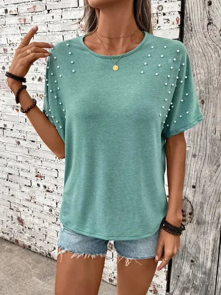 Pearl Detail Round Neck Short Sleeve T-Shirt - Update AvenueT-ShirtsTrendsi1001006921612381001006921612386feebb95 - 5f1b - 4f8b - 8c2e - 2b22af7d06e1 - Max - OriginTurquoise
