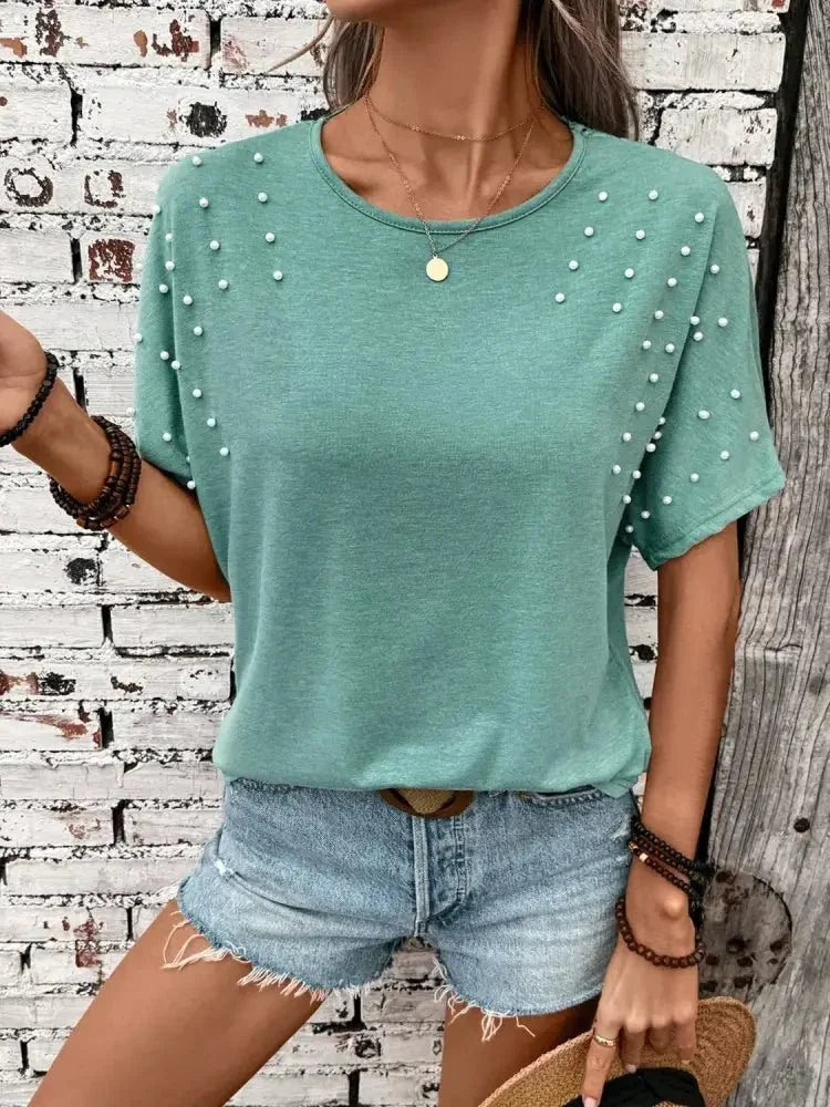 Pearl Detail Round Neck Short Sleeve T-Shirt - Update AvenueT-ShirtsTrendsi10010069216123810010069216123847e83ca6 - 7ead - 45b0 - b182 - 18a06161e6ab - Max - OriginTurquoise