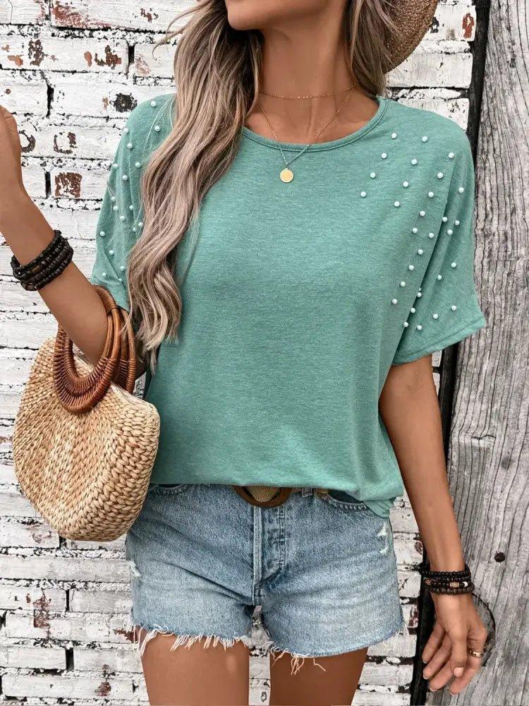 Pearl Detail Round Neck Short Sleeve T-Shirt - Update AvenueT-ShirtsTrendsi1001006921612381001006921612382da1d03a - 03c6 - 4db6 - 8b1f - c1a8aa23b0e9 - Max - OriginTurquoise