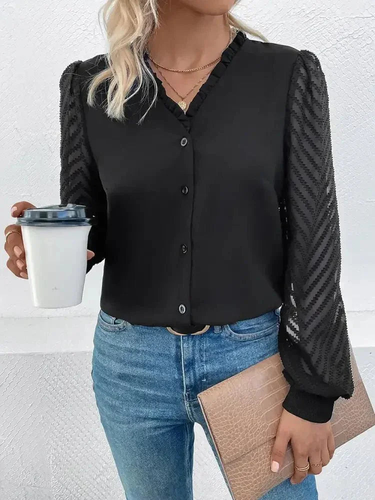 Perfee Mesh V - Neck Button Front Blouse - Update AvenueTrendsi1001011878854681001011878854688ae3369496ac4bdb831bdb7eefc2c0cc - MaxBlack