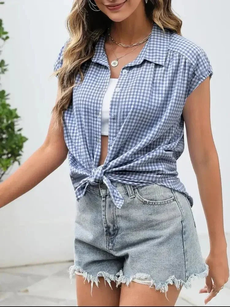 Plaid Button Up Cap Sleeve Shirt - Update AvenueTrendsi1001008702116051001008702116059ba610f6 - 7c38 - 4d39 - 97ab - 277f758d48e8 - Max - OriginLight Blue