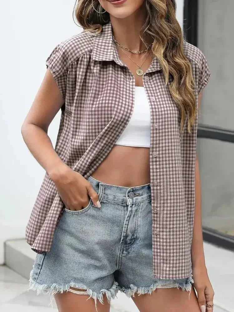 Plaid Button Up Cap Sleeve Shirt - Update AvenueTrendsi100100870216305100100870216305053b731e - d536 - 4bad - 84d5 - a497242d697f - Max - OriginTaupe