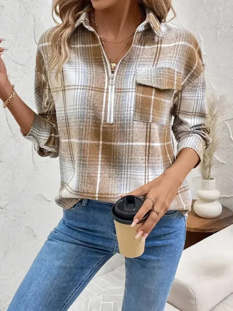 Plaid Collared Neck Half Zip Long Sleeve Top - Update AvenueTrendsi100100826063859100100826063859b5a3a062 - 2f02 - 4123 - 9a4c - baf046f34cfc - MaxCamel