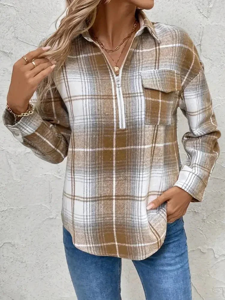 Plaid Collared Neck Half Zip Long Sleeve Top - Update AvenueTrendsi100100826063859100100826063859e08178c4 - 20f5 - 4d7c - b2f4 - 6dd0fc5bdd8b - MaxCamel