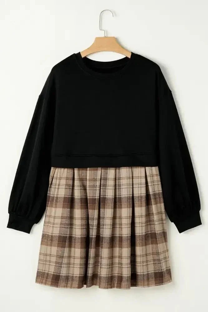 Plaid Round Neck Long Sleeve Mini Dress - Update AvenueTrendsi10010071884567810010071884567865868162 - e6dc - 4ec3 - a248 - 9f652ad43903 - MaxBlack
