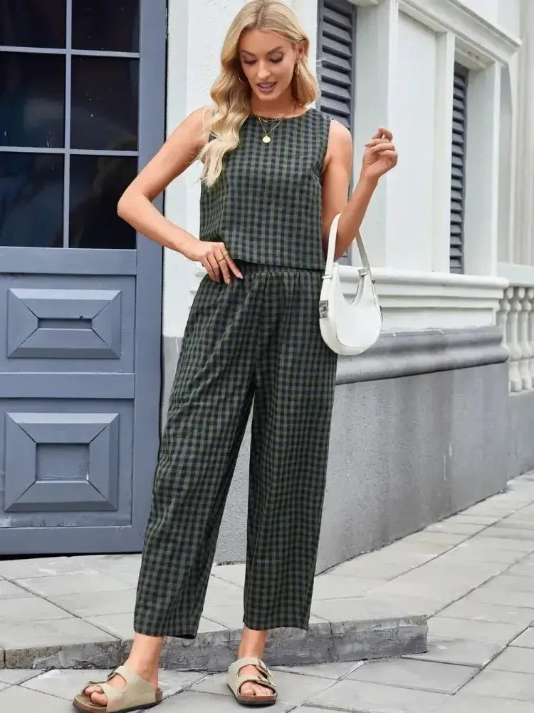 Plaid Sleeveless Top and Pants Set - Update AvenueTrendsi100100045522648100100045522648f8102f66 - 4cf7 - 4c4f - a5a7 - 640752d9be9a - MaxDark Green